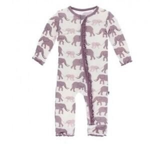Kickee Pants White + Purple Elephant Print Ruffle Trim Zippered Romper 3-6 Month